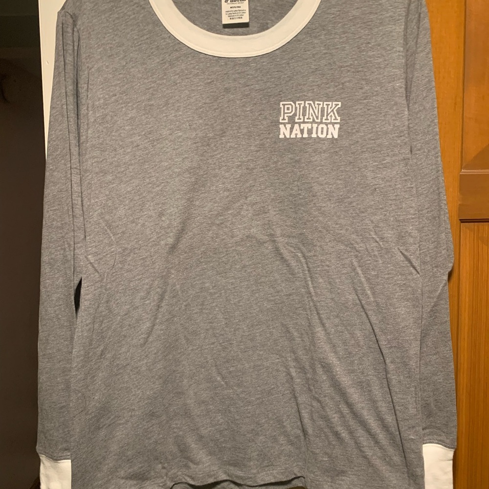 PINK Victoria's Secret Gray and White Long Sleeve Tee